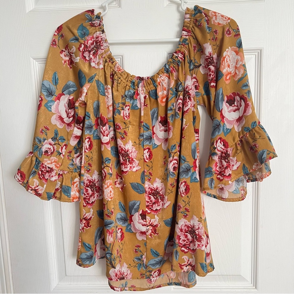 Vine & Love | Mustard Floral Off Shoulder Ruffle Sleeve Top